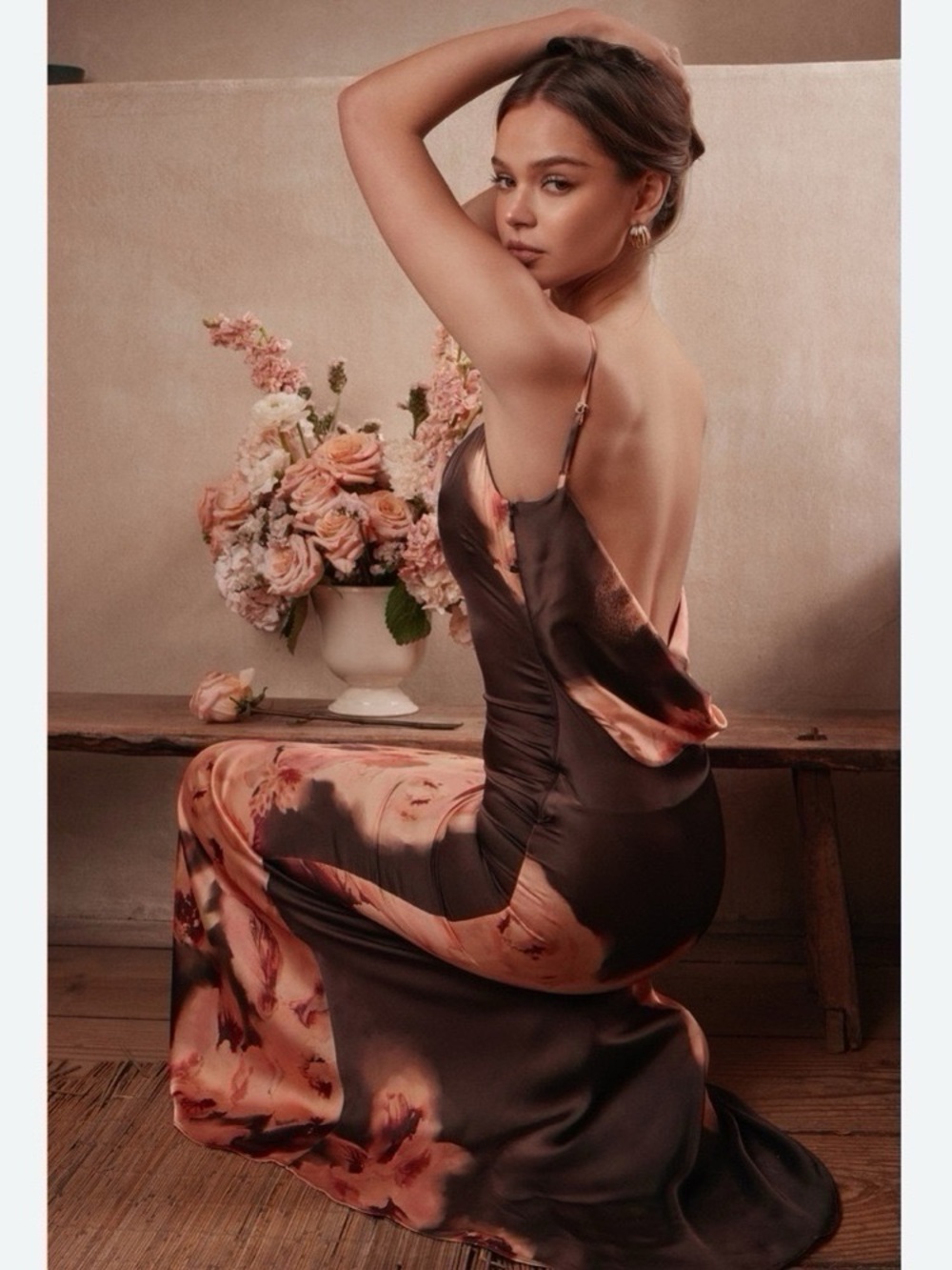 House of CB Mariamma Dark Brown Floral Printed Satin Maxi Dress - Picture 5 of 16